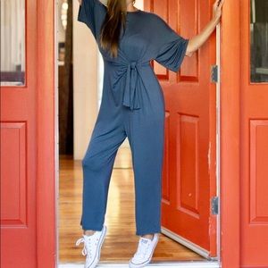 Knot front short sleeve jumpsuit